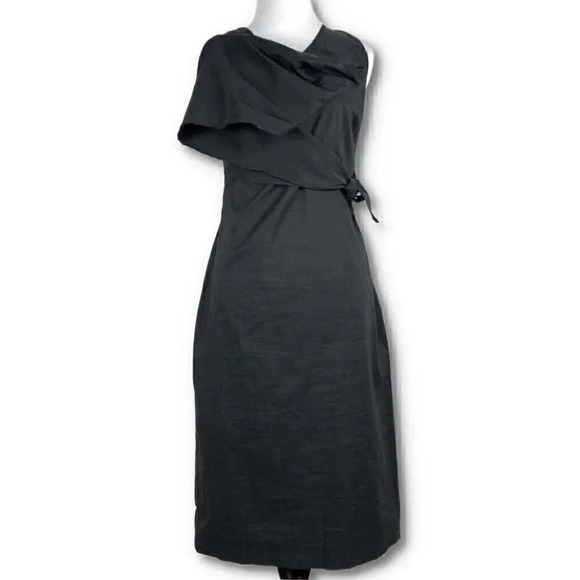 New Sarah Pacini dress 00 black 73% linen asymmetric wrap Minimalist avant-garde - Picture 2 of 13